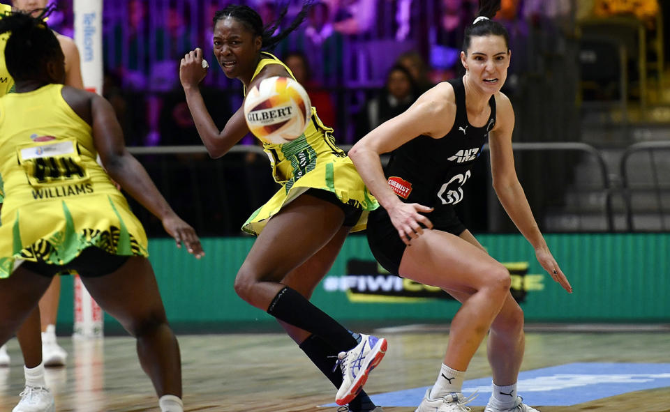 Jamaica and New Zealand in action at a Netball World Cup.