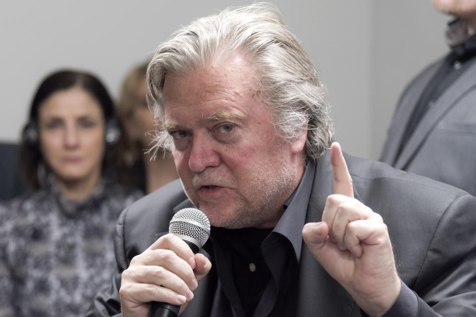 U.S. president's former strategist Steve Bannon addresses during a debate entitled 'Sovereignism vs Europeanism' on the future of Europe and on how western democracies are transforming, at the headquarters of strategic consultancy Comin & Partners on March 25, 2019 in Rome, Italy. (Photo: Stefano Montesi/Corbis via Getty Images)