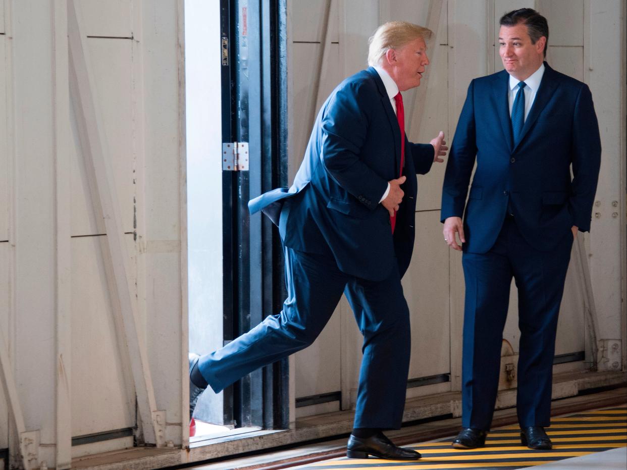 Ted Cruz  greets Donald Trump at Ellington Field Joint Reserve Base in Houston, Texas on May 31, 2018. (JIM WATSON/AFP via Getty Images)