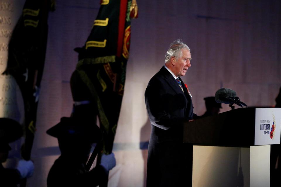 Prince Charles delivers a speech during the dawn service to mark the Anzac (Australian and New Zealand Army Corps) commemoration ceremony at the Australian National Memorial in Villers-Bretonneux, France: REUTERS