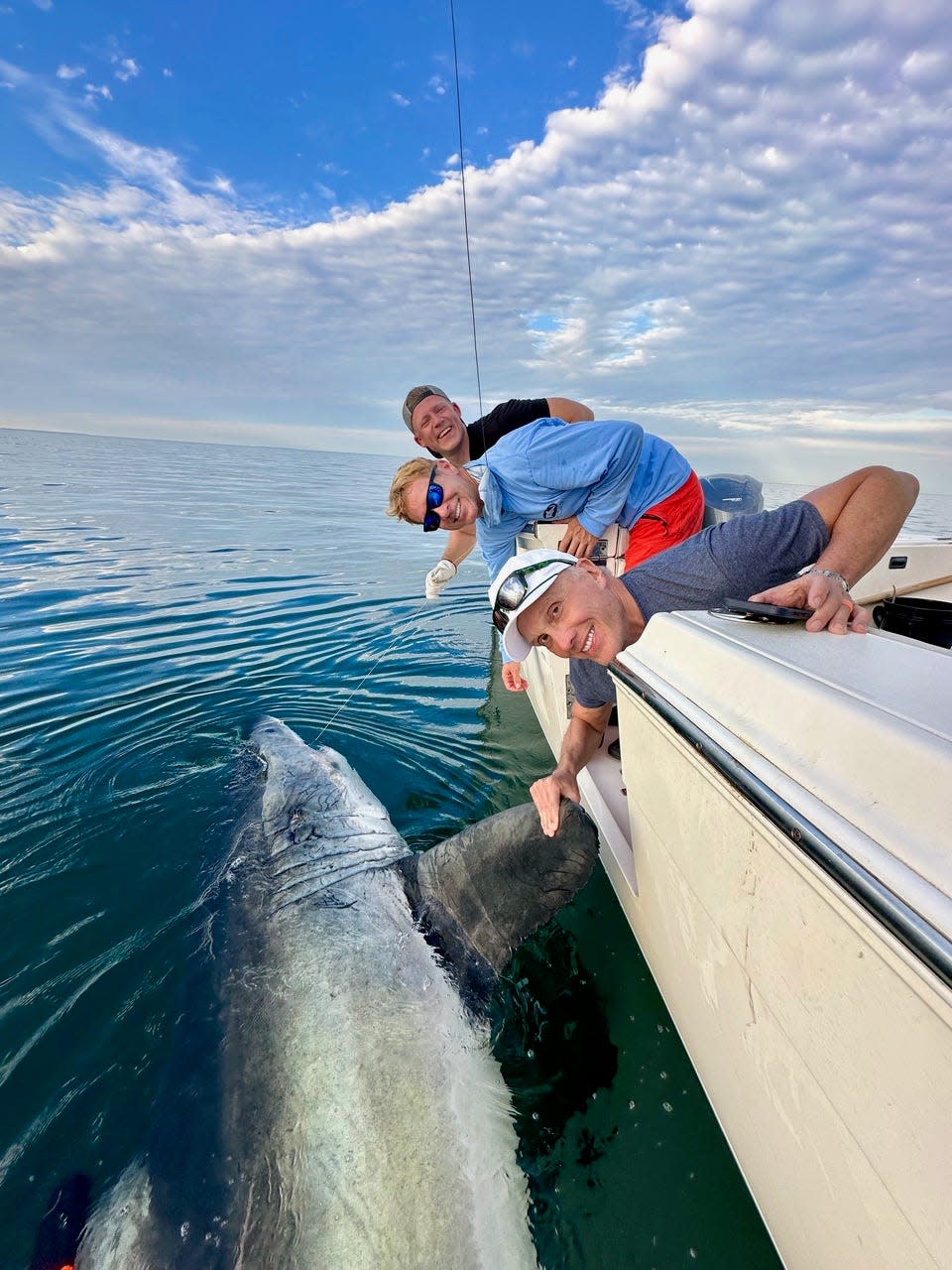 Posing with a 2,600-pound, 14-foot great white shark are (front to back) Ed Young, Chip Michalove and Dave Clark. The giant shark was caught in waters of South Carolina and named after Young's daughter who died after struggling with alcohol abuse.