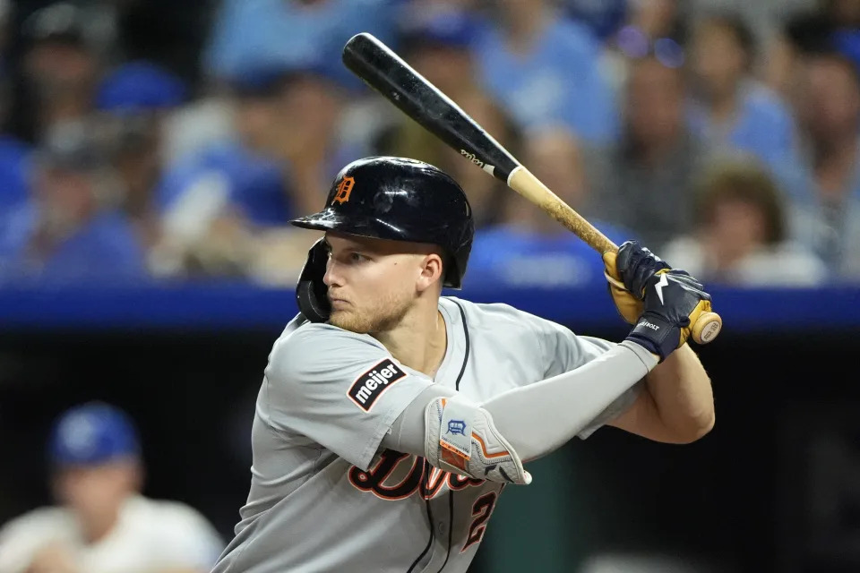 Detroit Tigers' Parker Meadows bats during the seventh inning of a baseball game against the Kansas City Royals Monday, Sept. 16, 2024, in Kansas City, Mo. (AP Photo/Charlie Riedel)