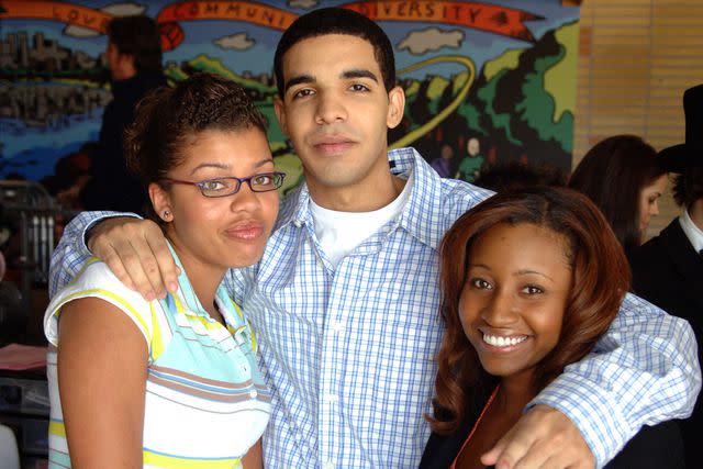 <p>George Pimentel/WireImage</p> Sarah Barrable-Tishauer, Aubrey Graham/Drake and Andrea Lewis on Degrassi in 2002