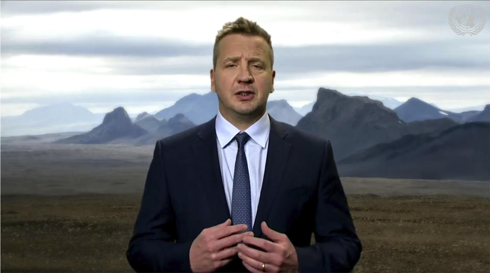 In this image made from UNTV video, Gudlaugur Thor Thordarson, Foreign Minister of Iceland, speaks in a pre-recorded message which was played during the 75th session of the United Nations General Assembly, Tuesday, Sept. 29, 2020, at UN headquarters. (UNTV via AP)