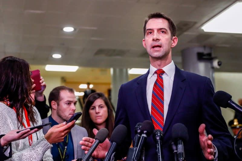 U.S. Senator Cotton speaks after national security briefing on Iran on Capitol Hill in Washington