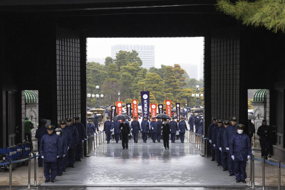 First well-wishers arrive at the Imperial Palace in Tokyo to greet the Emperor Naruhito's birthday Friday, Feb. 23, 2024. Naruhito turns 64 on Friday. (Stanislav Kogiku/Pool Photo via AP)