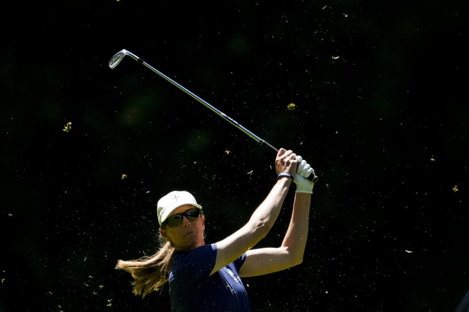 Cydney Clanton hits a shot on the fairway of the 14th hole during a practice round for the Women's PGA Championship golf tournament at Sahalee Country Club, Wednesday, June 19, 2024, in Sammamish, Wash. (AP Photo/Lindsey Wasson)