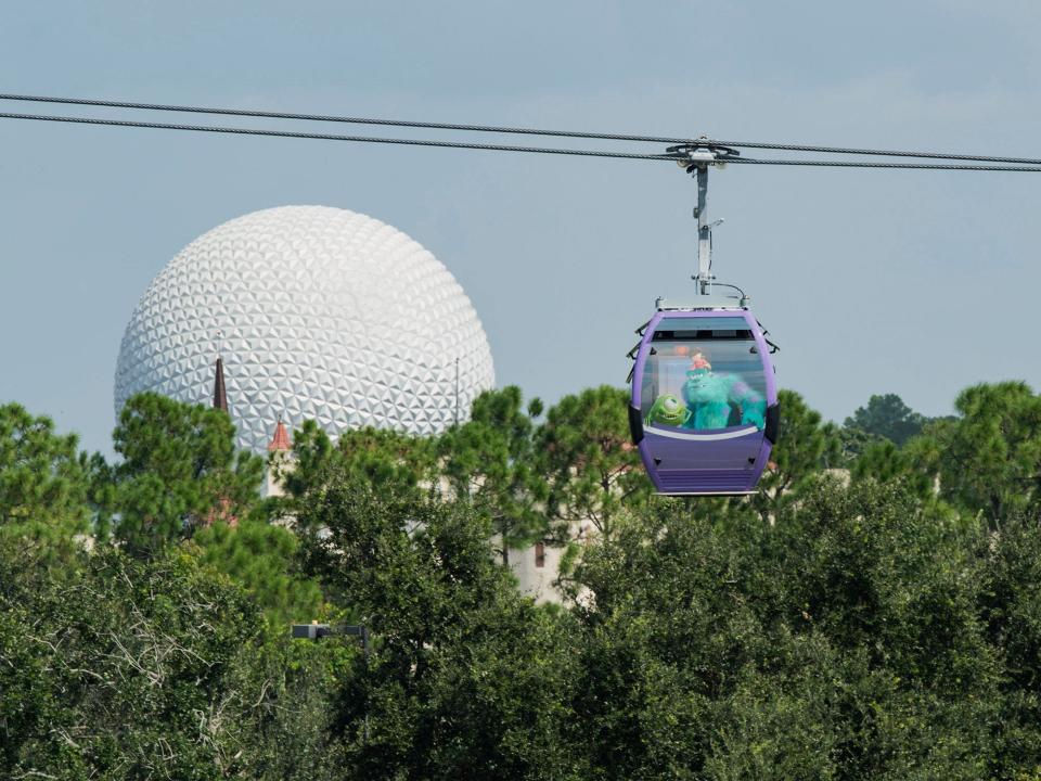 two gondolas from disney's skyliner flying past epcot ball