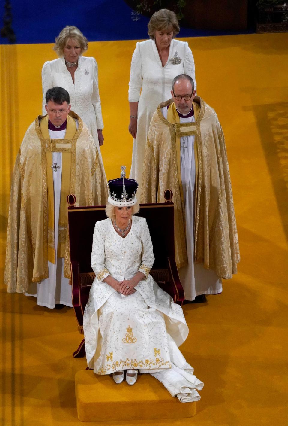 Queen Camilla receives Queen Mary's Crown during her coronation ceremony at Westminster Abbey, in London, Saturday May 6, 2023.