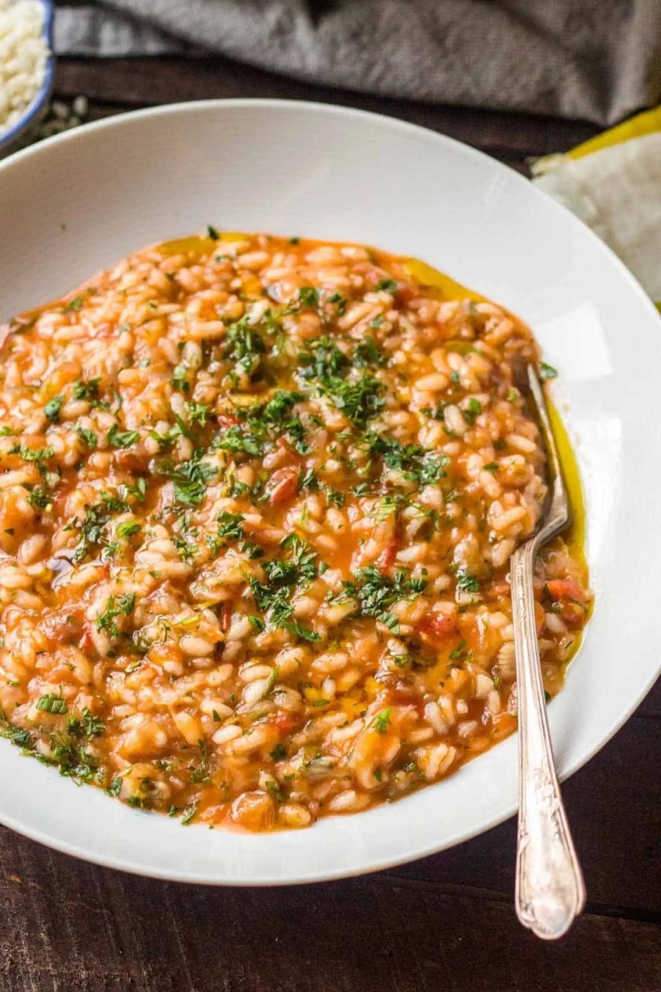 A bowl of tomato fennel risotto