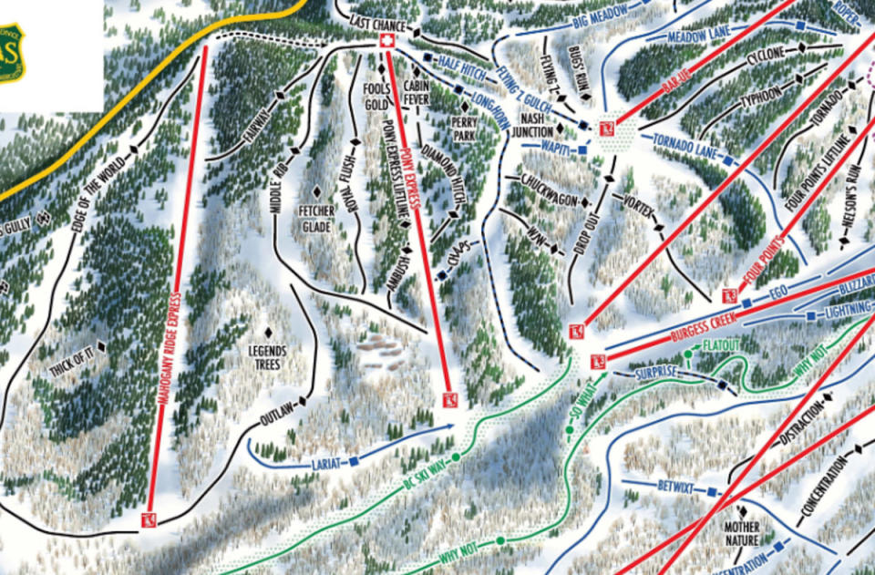 Pony Express is in the center of this zoomed-in trail map. Courtesy of <a href="https://www.steamboat.com/-/media/steamboat/maps/trail-map-winter-2023-2024-full-dec.jpg?rev=4207cc45c70f475d886aa8a86d861bf5" rel="nofollow noopener" target="_blank" data-ylk="slk:Steamboat.;elm:context_link;itc:0;sec:content-canvas" class="link ">Steamboat. </a>