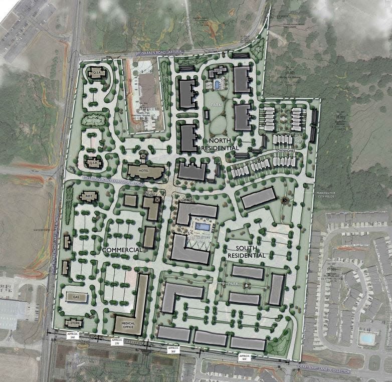 An aerial rendering of the proposed Eastport Farms mixed-use development, which combines apartments, townhomes and senior living spaces with commercial retail, restaurants and a medical facility off Jim Warren and Port Royal Roads.