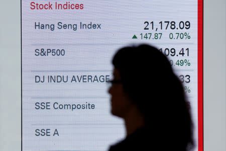 A woman walks past a panel displaying stock indices of Hong Kong, U.S. and China markets, outside a bank in Hong Kong June 7, 2016. REUTERS/Bobby Yip/File Photo