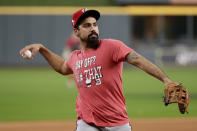 Washington Nationals third baseman Anthony Rendon warms up during batting practice for baseball's World Series Monday, Oct. 21, 2019, in Houston. The Houston Astros face the Washington Nationals in Game 1 on Tuesday. (AP Photo/Eric Gay)