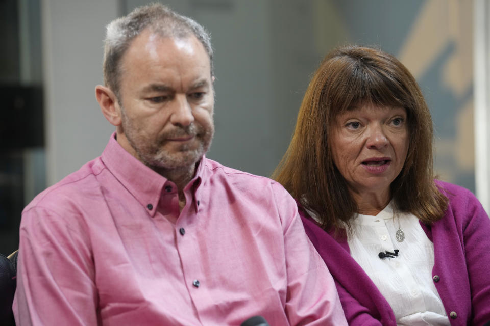 Simon Glass, left, and his wife, Sally Glass, talk about the $19-million settlement from state and local law enforcement agencies for the killing of the couple's 22-year-old son, Christian, in June 2022, while he suffered a mental health crisis on Tuesday, May 23, 2023, during an interview in the offices of the couple's lawyers in Denver. As part of the settlement, training for law officers will change as well. (AP Photo/David Zalubowski)