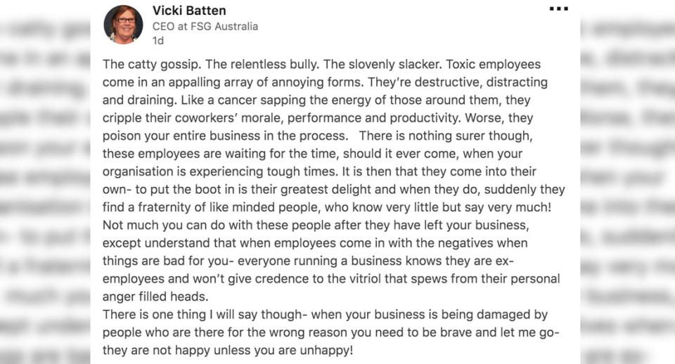 Ms Batten’s rant has since been deleted from her LinkedIn account. Source: LinkedIn