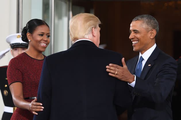 President-elect Donald Trump (center) is greeted by President Barack Obama and first lady Michelle Obama (left) as he arrives at the White House on Jan. 20, 2017.