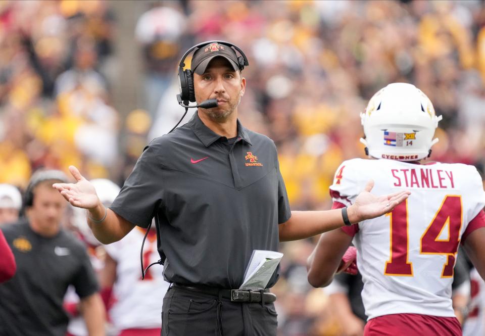 Iowa State head football coach Matt Campbell shrugs after his Cyclones coughed up a fumble against Iowa during the Cy-Hawk Series football game last week