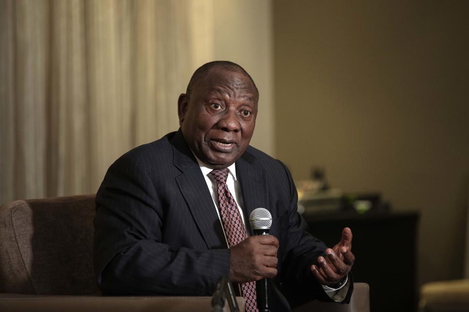 South African President Cyril Ramaphosa addresses members of the Foreign Correspondents Association in Johannesburg, Thursday, Nov. 1, 2018. Ramaphosa said his country has survived a "dark period" when corruption was rampant and is now focused on achieving economic growth and land reform to win popular support in general elections next year. (Gianluigi Guercia/Pool Photo via AP)