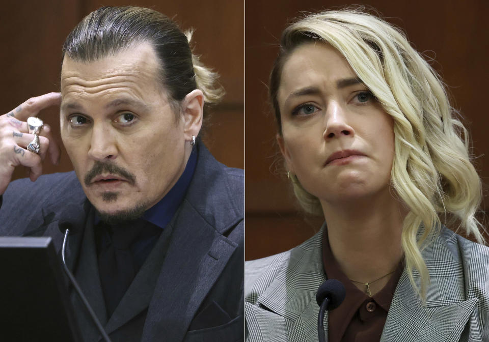 En esta combinación de fotos Johnny Depp testifica en la Corte de Circuito del Condado de Fairfax en Fairfax, Virginia, el 21 de abril de 2022, izquierda, y la actriz Amber Heard testifica en la misma corte el 26 de mayo de 2022. (Foto AP)