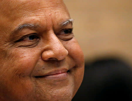 South Africa's outgoing Finance Minister Pravin Gordhan gives a media briefing at his office in Pretoria, South Africa, March 31,2017. REUTERS/Siphiwe Sibeko