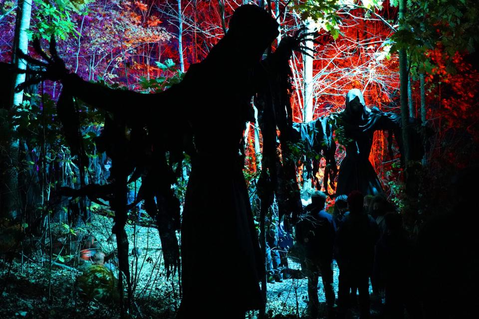 Haunted Overload at the DeMeritt Hill Farm in Lee features amazing monsters in the woods with lights, sounds, and scares.