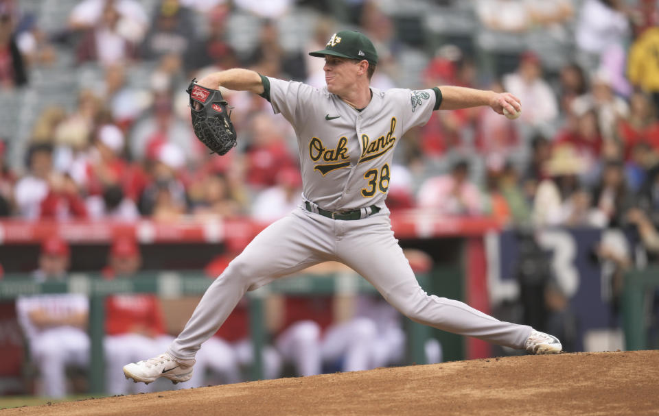 Oakland Athletics starting pitcher JP Sears delivers during the first inning of a baseball game against the Los Angeles Angels Sunday, Oct. 1, 2023, in Anaheim. (AP Photo/John McCoy)