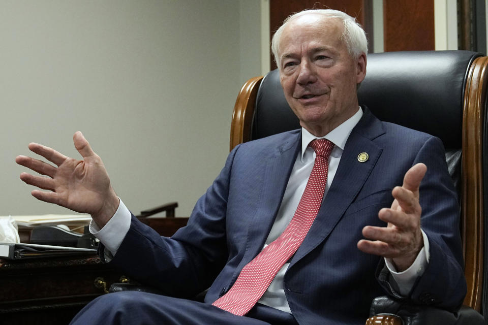 Former Arkansas Gov. Asa Hutchinson speaks during an interview in his office Wednesday, April 19, 2023, in Rogers, Ark.. (AP Photo/Sue Ogrocki)