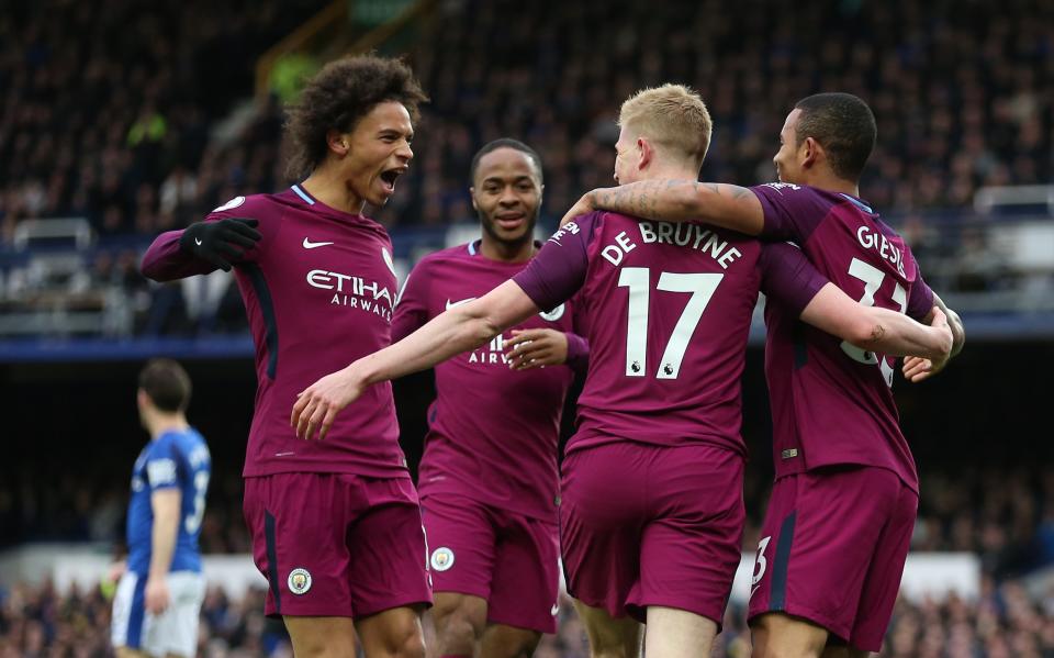 Manchester City’s Gabriel Jesus celebrates scoring his side’s second goal of the game against Everton on Saturday