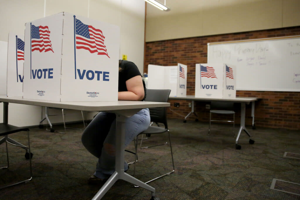 A Sioux Falls resident votes during the 2024 primary on June 4, 2024 at the downtown library. (Makenzie Huber/South Dakota Searchlight)