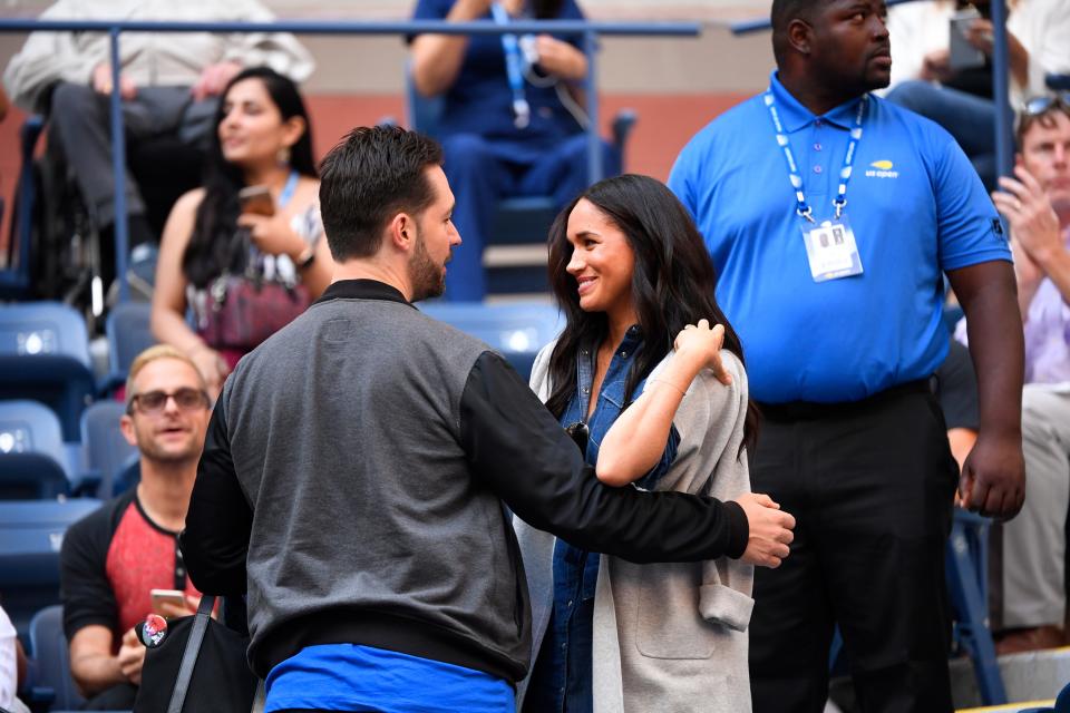 Meghan was seated in Serena William’s box, pictured here with Alexis Ohanian, Williams’ husband.