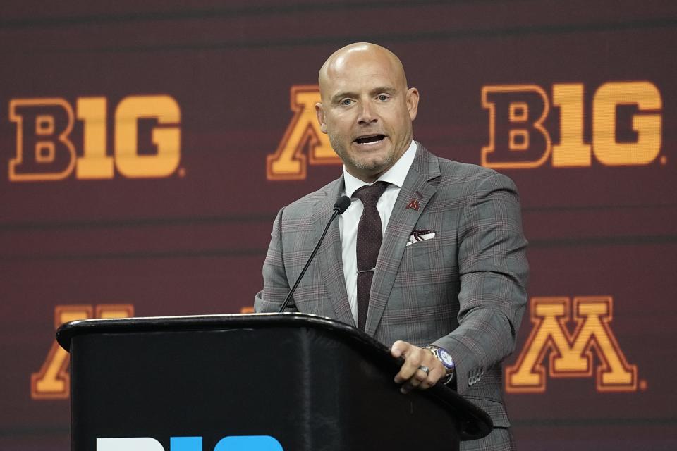 Minnesota head coach P.J. Fleck speaks during an NCAA college football news conference at the Big Ten Conference media days at Lucas Oil Stadium, Thursday, July 27, 2023, in Indianapolis. (AP Photo/Darron Cummings)