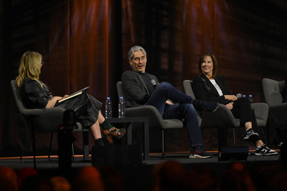 LONDON, ENGLAND - APRIL 07: Dolly Alderton, Tony Gilroy and Kathleen Kennedy onstage during the Andor studio panel at the Star Wars Celebration 2023  in London at ExCel on April 07, 2023 in London, England. (Photo by Kate Green/Getty Images for Disney)