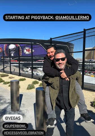 <p>Jimmy Kimmel/Instagram</p> Jimmy Kimmel and Guillermo Rodriguez in front of Allegiant Stadium in Las Vegas before the 2024 Super Bowl.