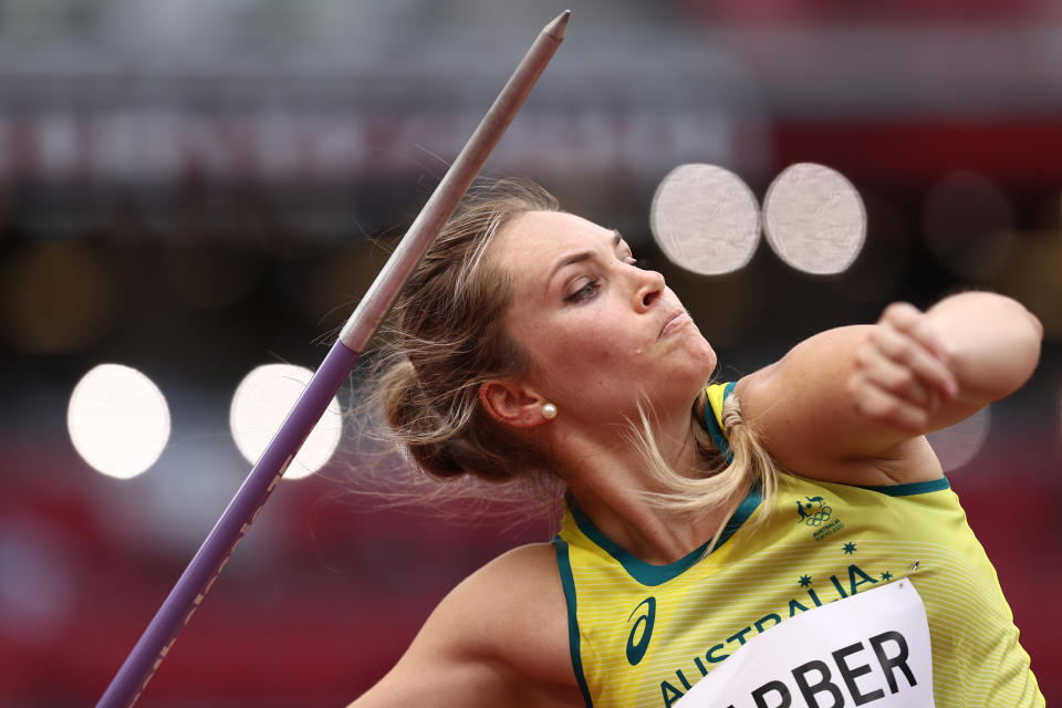 Pictured here, Australia's Kelsey-Lee Barber competes in the javelin qualification round at the Olympics.