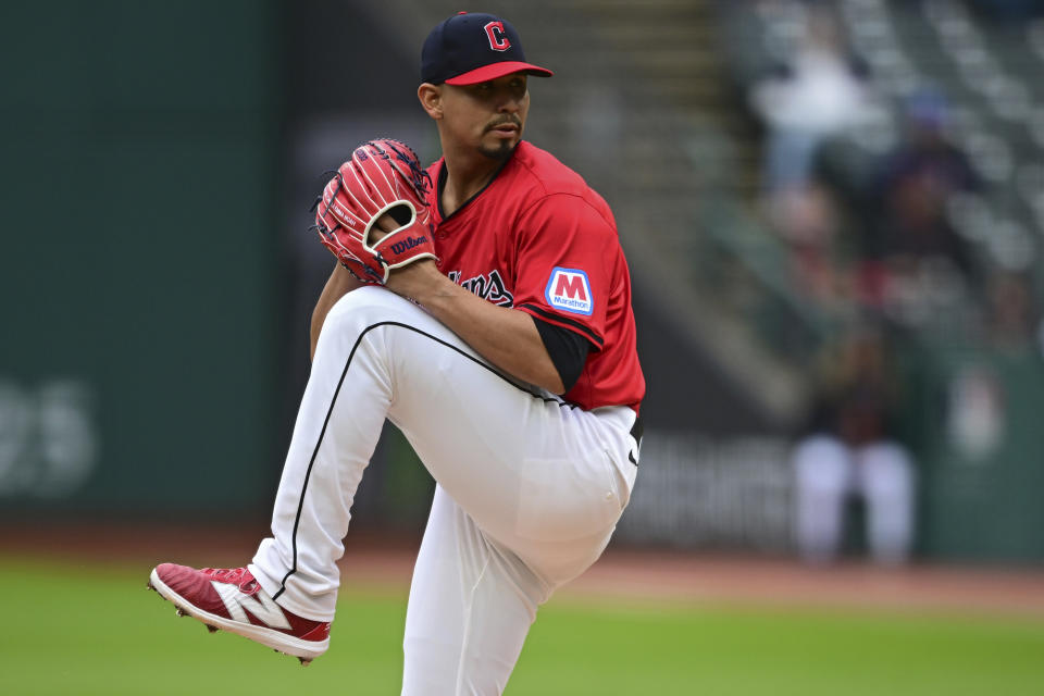 Cleveland Guardians starting pitcher Carlos Carrasco delivers during the first inning of a baseball game against the Boston Red Sox, Wednesday, April 24, 2024, in Cleveland. (AP Photo/David Dermer)