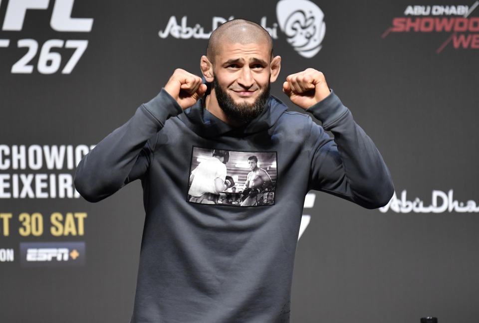 ABU DHABI, UNITED ARAB EMIRATES - OCTOBER 28: Khamzat Chimaev of Chechnya walks on stage during the UFC 267 press conference at Etihad Arena on October 28, 2021 in Abu Dhabi, United Arab Emirates. (Photo by Chris Unger/Zuffa LLC)