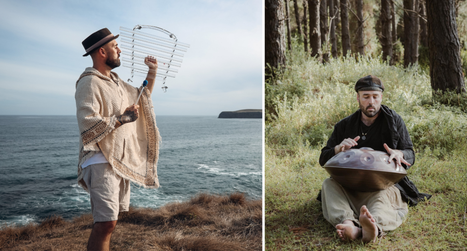 Daniel Byrne working with musical instruments which assist in his meditation and breathwork.