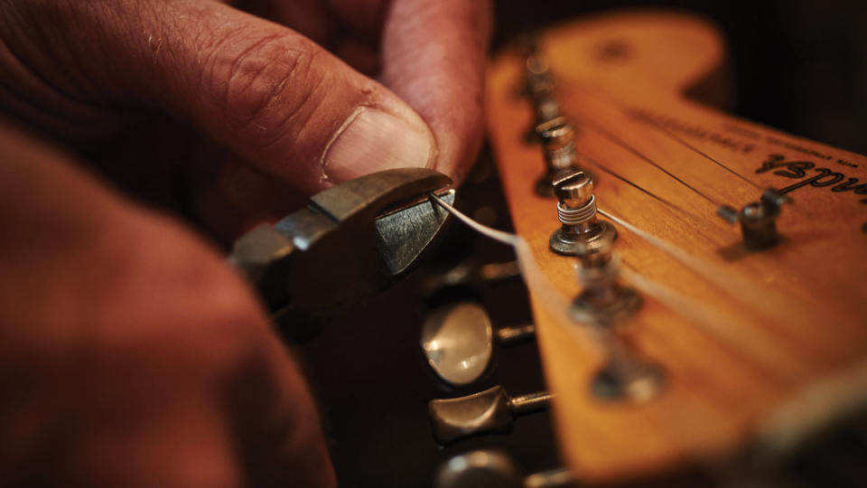 Closeup of Fender Stratocaster stringing