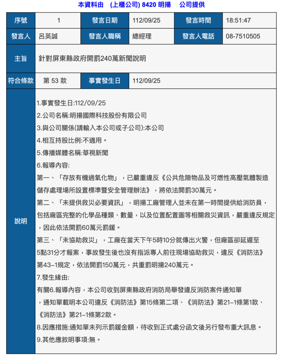 明揚針對被罰一事發布重訊，表示尚未獲知罰金。（翻攝自公開資訊觀測站）