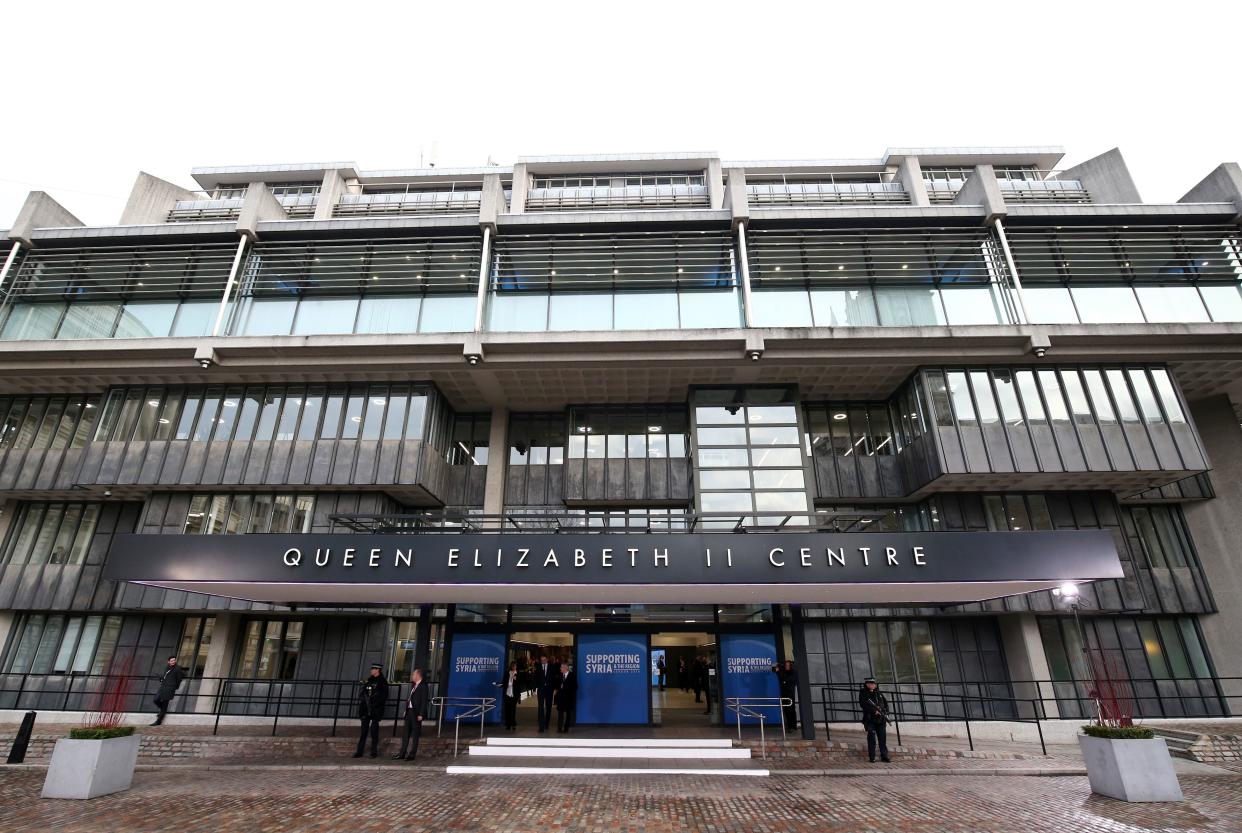 A general view of the QEII centre is pictured in central London on February 4, 2016, ahead of the start of a donor conference entitled 'Supporting Syria & The Region'  World leaders gather in London on Thursday to try to raise $9 billion (8.3 billion euros) for the millions of Syrians hit by the country's civil war and a refugee crisis spanning Europe and the Middle East.   / AFP / JUSTIN TALLIS        (Photo credit should read JUSTIN TALLIS/AFP via Getty Images)