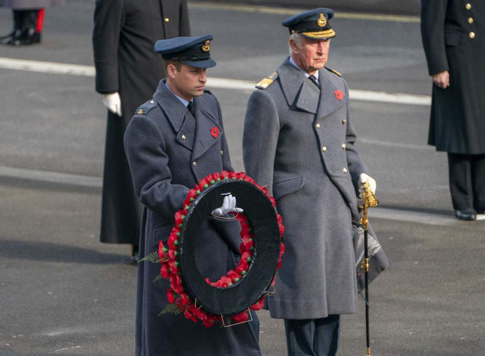 LONDON, ENGLAND - NOVEMBER 08: Prince William, Duke of Cambridge and Prince Charles, Prince of Wales attend the National Service Of Remembrance at the Cenotaph in Westminster, amid the spread of coronavirus (COVID-19) disease on November 8, 2020 in London, England. Remembrance Sunday services are still able to go ahead despite the covid-19 measures in place across the various nations of the UK. Each country has issued guidelines to ensure the safety of those taking part.  (Photo by Arthur Edwards - WPA Pool/Getty Images)