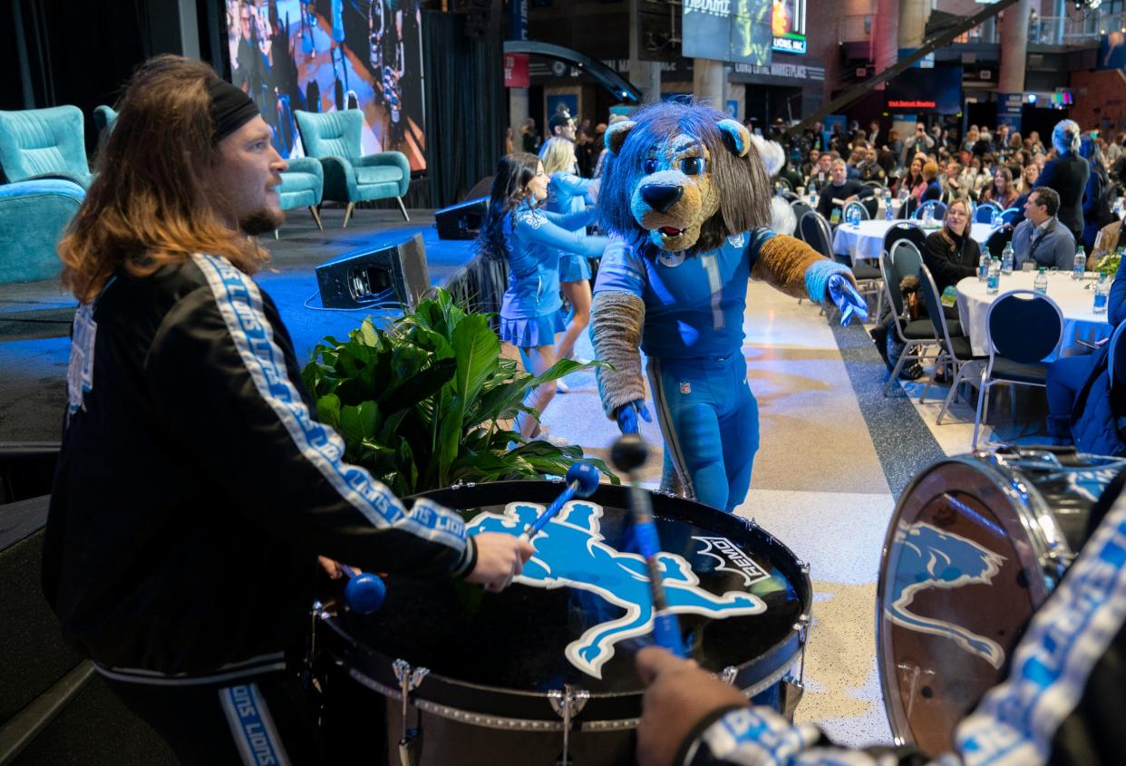 Members of the Honolulu Boom and Roary get the crowd fired up before an NFL Draft press preview on Wednesday, Jan. 17, 2024 at Ford Field in Detroit.