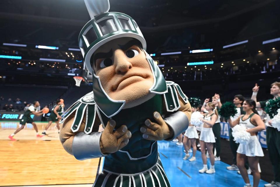 The Michigan State Spartans mascot works the sideline during the team’s practice for the 2024 NCAA Men’s Basketball First/Second Rounds at Spectrum Center in Charlotte, NC on Wednesday, March 20, 2024. Games for the tournament begin on Thursday, March 21, 2024 and conclude on Saturday, March 23, 2024.