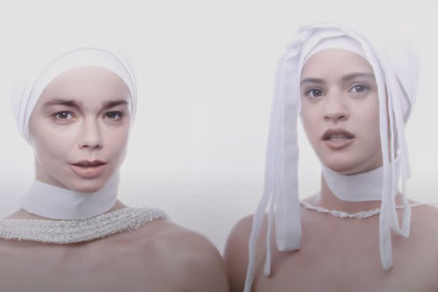 <p>bjork/youtube</p> Björk and Rosalía in the music video for "Oral"