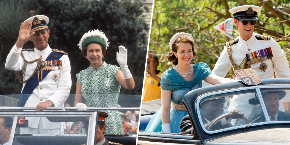 (Left) Queen Elizabeth II and Prince Philip, Duke of Edinburgh, in February 1977. (Right) Claire Foy and Matt Smith play the couple in the early seasons of 