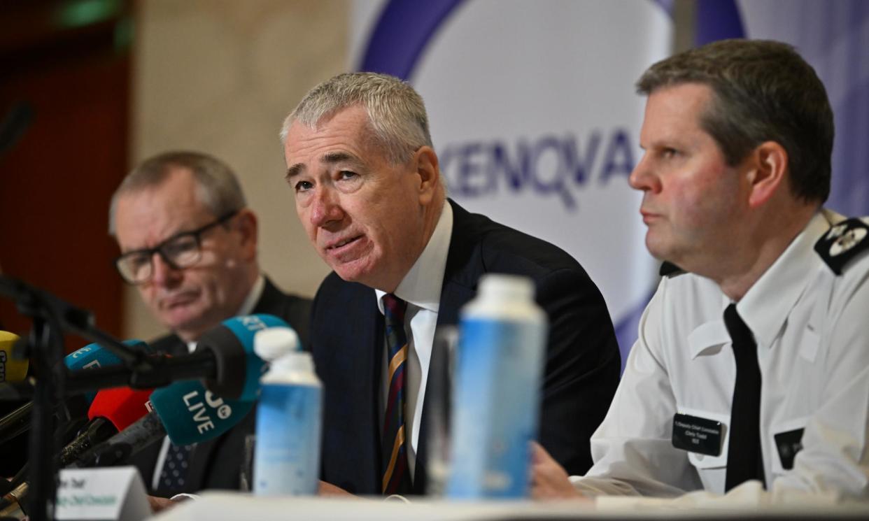 <span>Sir Iain Livingston, of Operation Kenova (left), Northern Ireland’s chief constable, Jon Boutcher (centre), and Chris Todd, the deputy chief constable (right) at a press conference on Friday.</span><span>Photograph: Charles McQuillan/Getty</span>