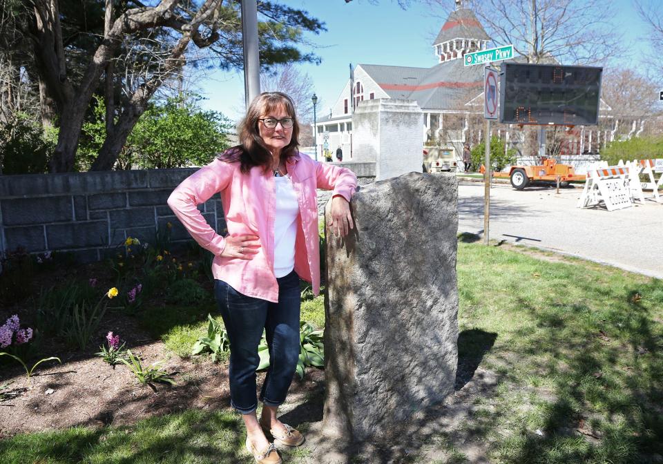 Renay Allen stands at the pocket park monument which will be unveiled on May 4, near the entrance of Swasey Parkway in Exeter. The park is in honor of Exeter's Black Revolutionary War soldiers and their families.