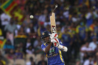 Farveez Maharoof of Sri Lanka breaks his bat as he plays a shot during the third CB Series final against Australia at Adelaide Oval on March 8, 2012 in Adelaide, Australia.