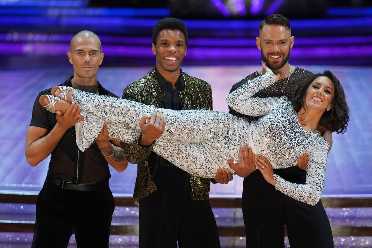 Max George, Rhys Stephenson and John Whaite holding host Janette Manrara during the Strictly Come Dancing Live Tour press launch at the Ultilita Arena, Birmingham (Jacob King/PA) (PA Archive)